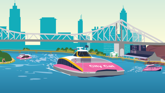 Illustration of a CityCat ferry on Brisbane river
